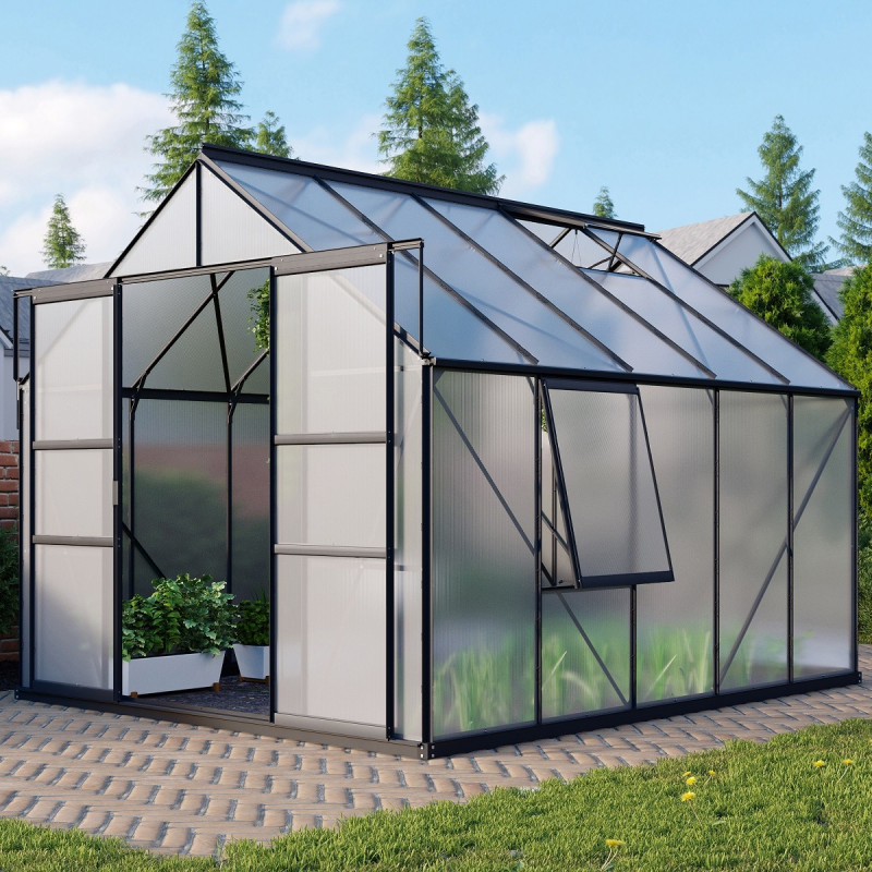 Serre de jardin Meridian2 8,3m² en aluminium noir et polycarbonate 6mm – Vitavia