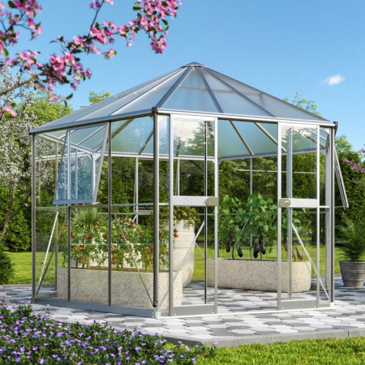 Serre de jardin hexagonale Galaxis 9m² en aluminium anodisé et vitrage combiné - Vitavia