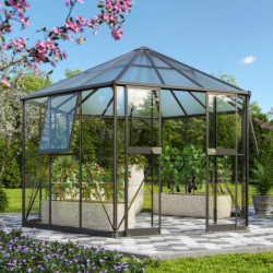 Serre de jardin hexagonale Galaxis 9m² en aluminium noir et vitrage combiné - Vitavia