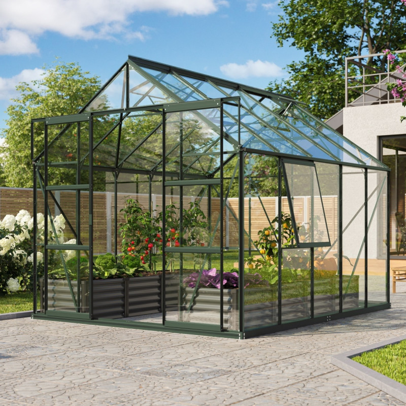 Serre de jardin Jupiter 8,3m² en alu émeraude et verre de sécurité 3mm - Vitavia