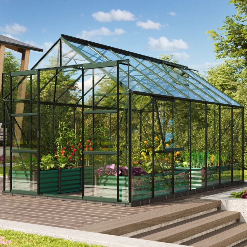 Serre de jardin Jupiter 11,5m² en alu émeraude et verre de sécurité 3mm - Vitavia