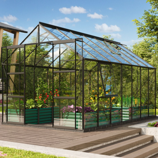 Serre de jardin Jupiter 11,5m² en alu noir et verre de sécurité 3mm - Vitavia