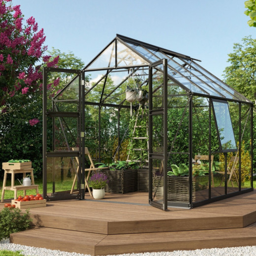 Serre de jardin Olymp 6,7m² en alu noir et verre de sécurité 3mm - Vitavia