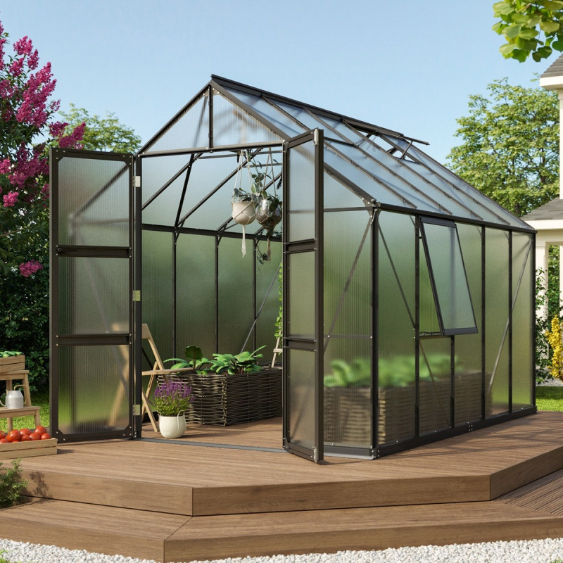 Serre de jardin Olymp 8,3m² en alu noir et polycarbonate 6mm - Vitavia