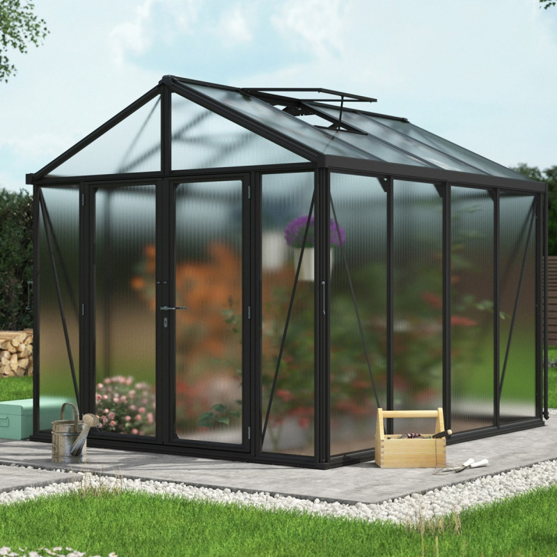 Serre de jardin Zeus Comfort 8,1m² en alu noir et polycarbonate 10mm - Vitavia