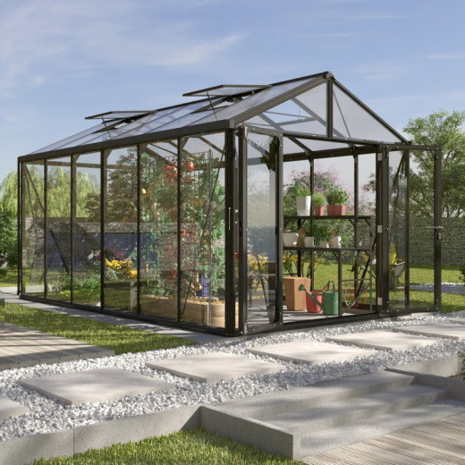 Serre de jardin Zeus Comfort 11,9m² en alu noir et vitrage combiné - Vitavia