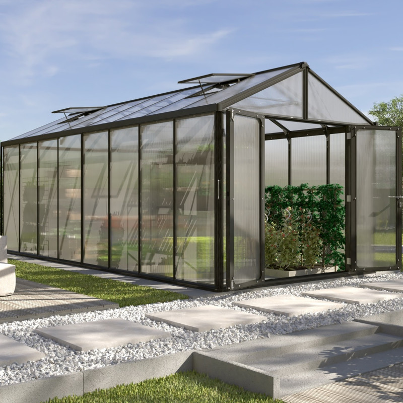 Serre de jardin Zeus Comfort 15,7m² en alu noir et polycarbonate 10mm - Vitavia