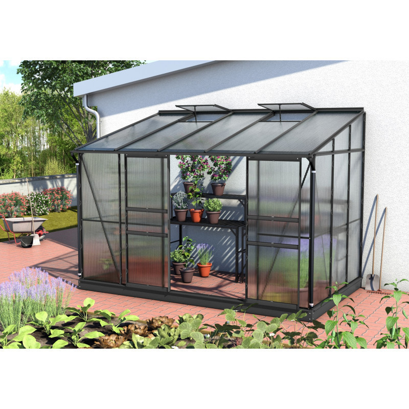 Serre adossée Ida 6,5m² en aluminium noir et panneaux PC 4mm - Vitavia