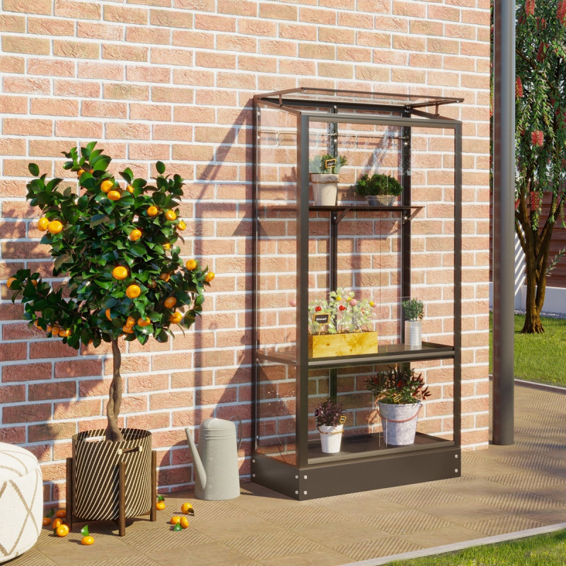 Mini-serre Polis 0,35m² en alu noir et verre ESG 3mm – fondation en acier – Vitavia