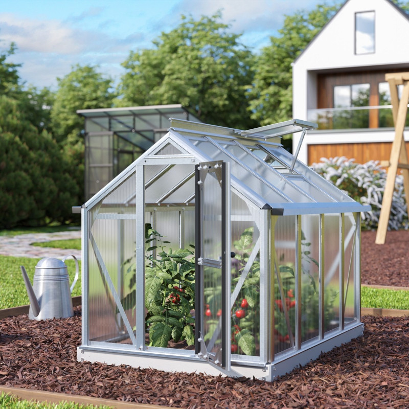 Mini-serre Merlin 0,83m² en alu anodisé et PC 4mm – fondation en acier – Vitavia