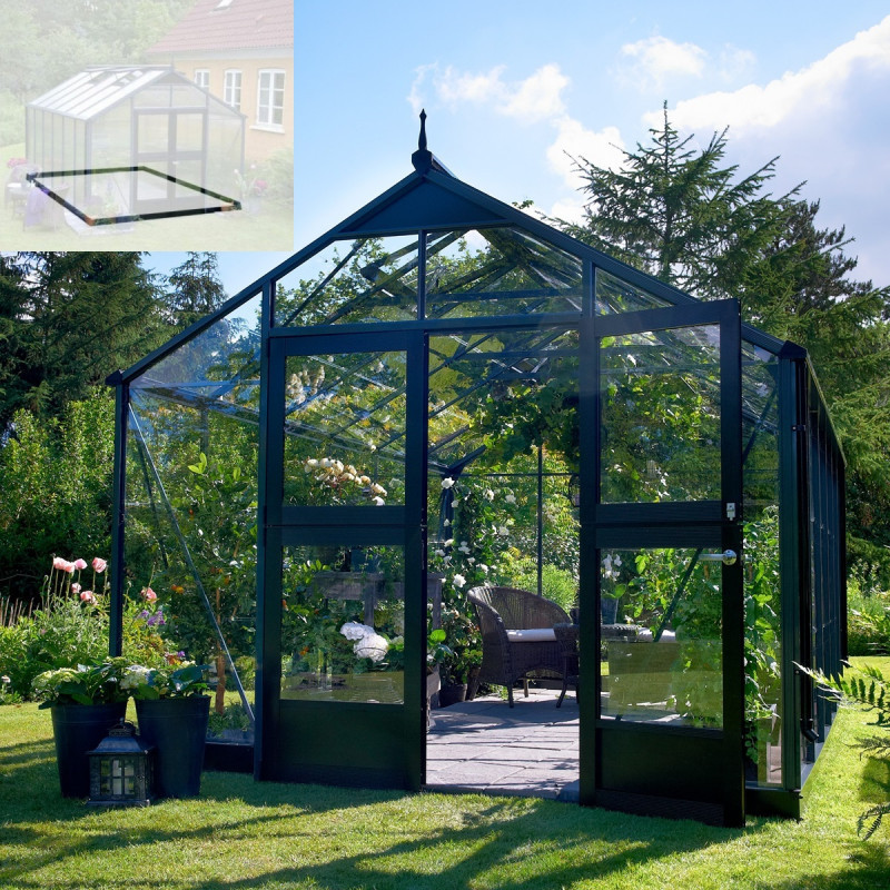 Pack de serre de jardin 8,8m² anthracite et verre trempé Premium + embase noir - Juliana