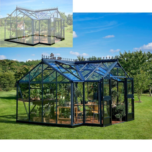 Pack de serre Orangerie anthracite en verre trempé 15,1m² + embase noir - Juliana
