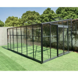 Serre adossée 13,71m² LUXE en aluminium anthracite et verre trempé 4mm - Green Protect