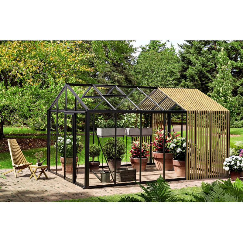 Serre de jardin 235x608cm Classique en aluminium, bois et panneaux en verre trempé - BloomCabin