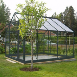 Serre de jardin laqué gris et verre trempé 8,88m² + embase
