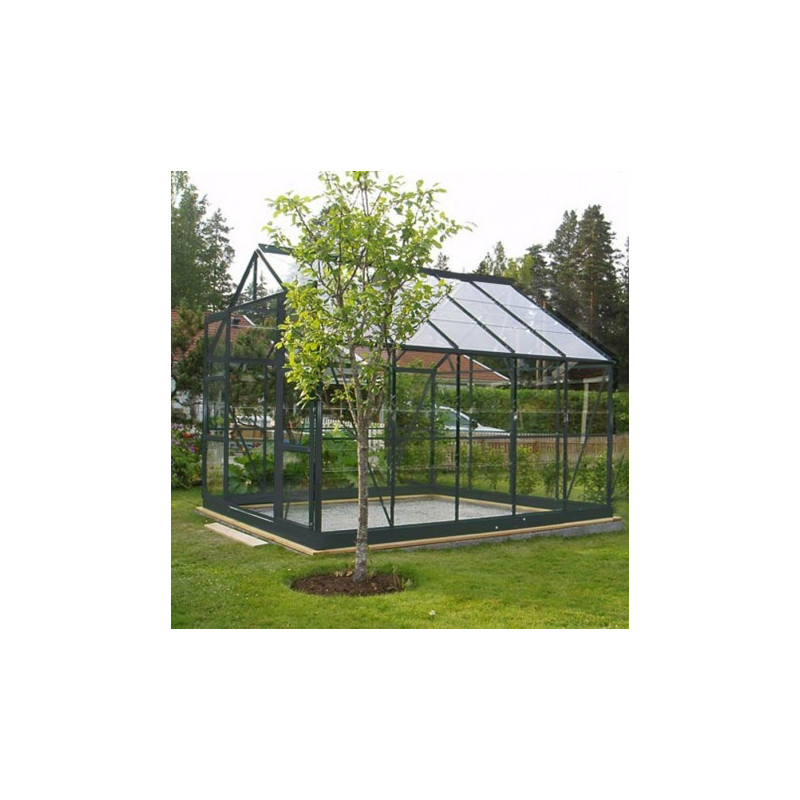 Serre de jardin laqué gris et verre trempé 8,88m² + embase