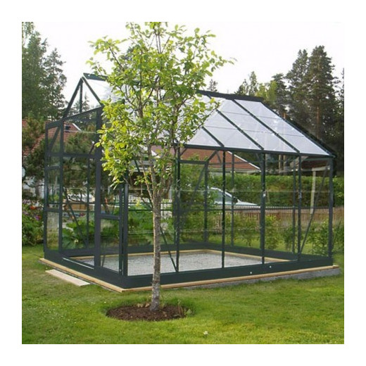 Serre de jardin laqué gris et verre trempé 8,88m² + embase