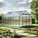 Serre de jardin 10,37m² verte en polycarbonate 6mm + base - Habrita