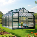 Serre de jardin 10,37m² verte en polycarbonate 6mm + base - Habrita