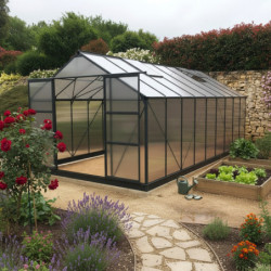 Serre de jardin 16,9m² anthracite en polycarbonate 4mm + embase Green Protect