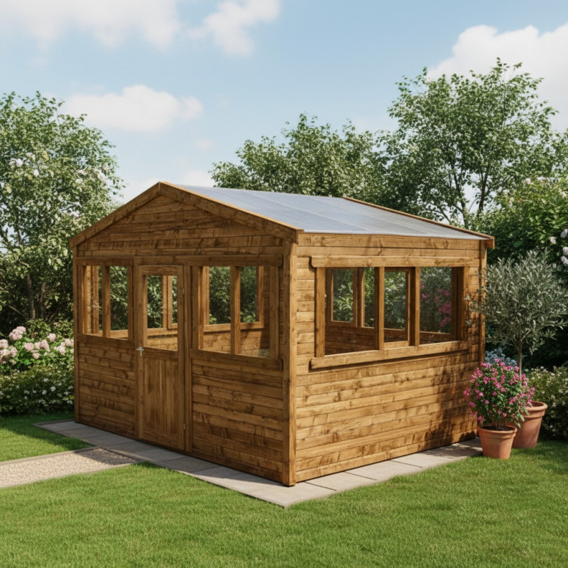 Serre de jardin en bois madriers 28mm traité marron 12m² - Gardy Shelter