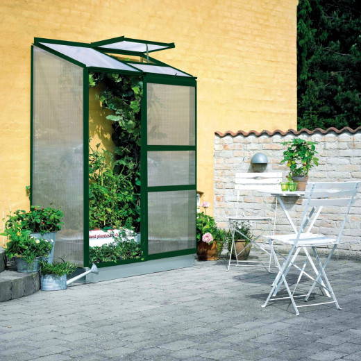 Serre adossée 0,9m² alu laqué vert et polycarbonate 4mm Altan 2 Halls