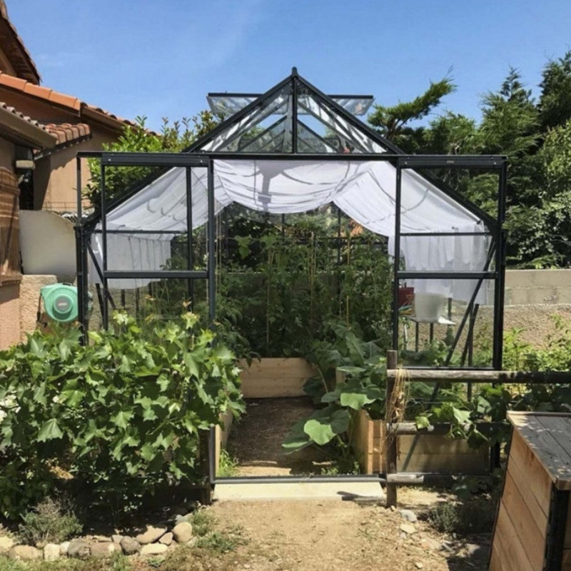 Serre Laurus Uranus 9,85m² en aluminium laqué gris et verre trempé 3mm + embase incluse - Natura Lams