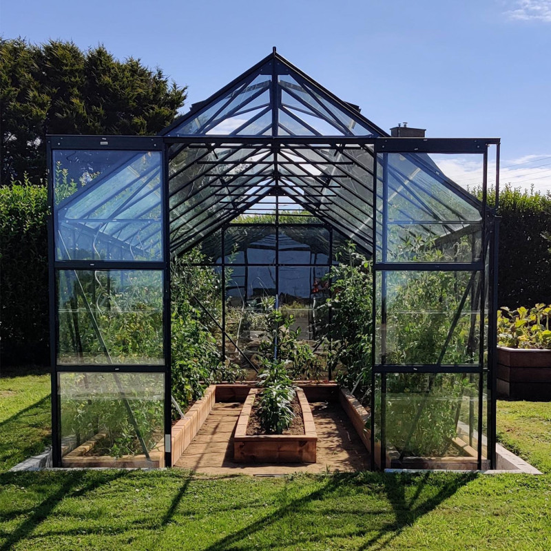 Serre Laurus Uranus 14,65m² en aluminium laqué vert et verre trempé 3mm + embase incluse - Natura Lams