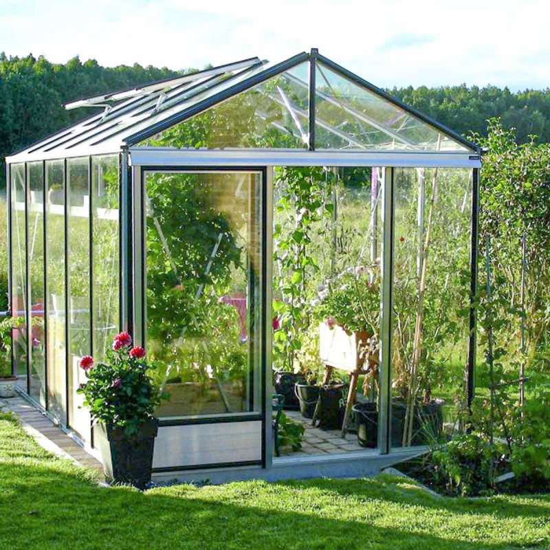 Serre de jardin LUXIA 8,97m² en aluminium naturel et verre trempé 4mm + embase incluse - Lams