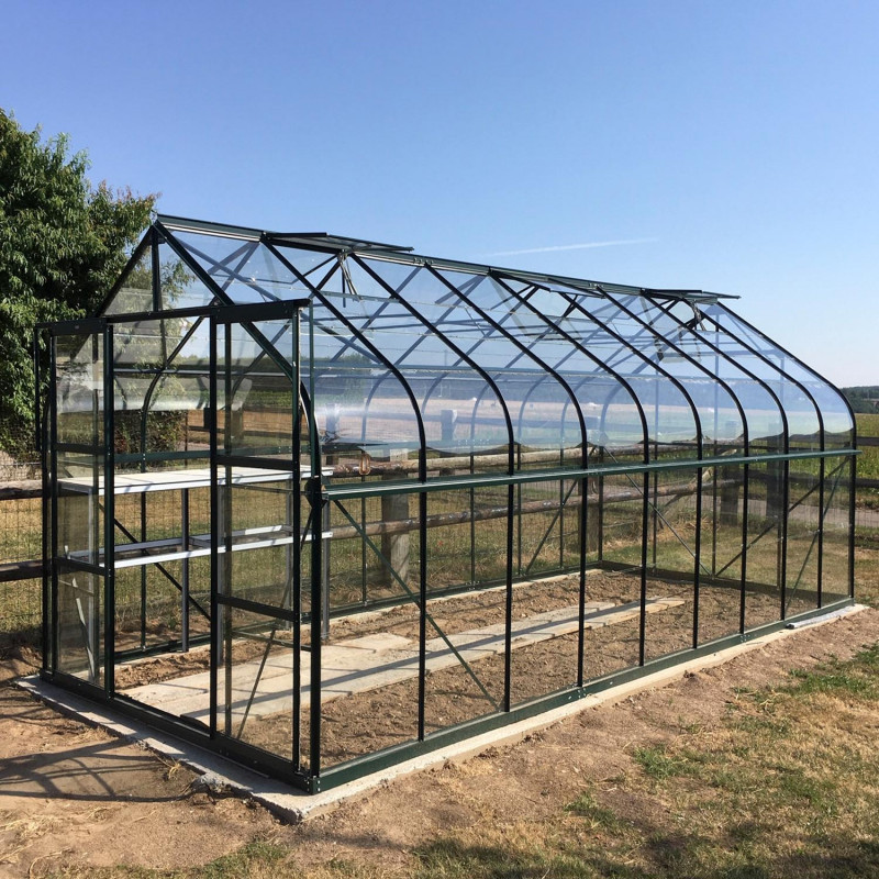 Serre Aloé Diana 14,40m² en aluminium laqué vert et verre trempé 3mm + embase incluse - Natura Lams