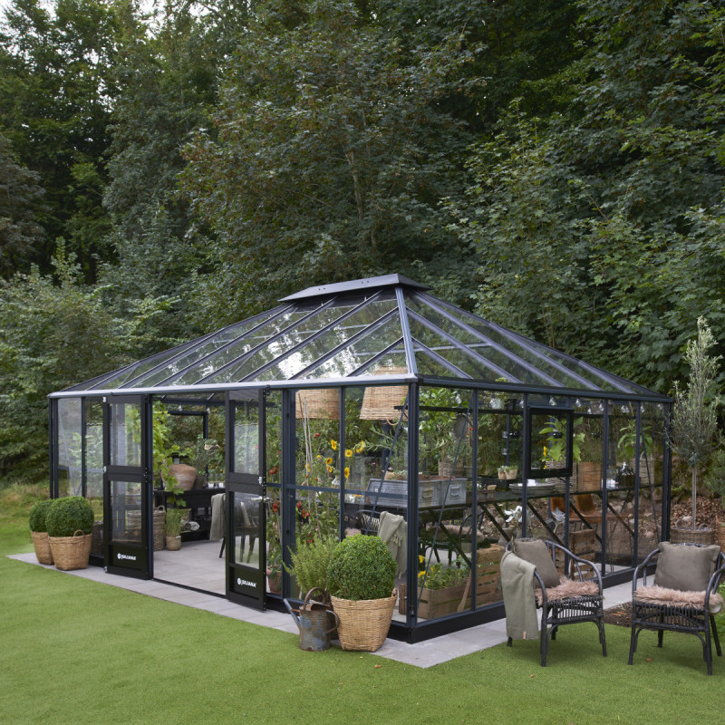 Serre de jardin Grand Oase 25,6m² en aluminium noir et verre trempé 3mm - Juliana