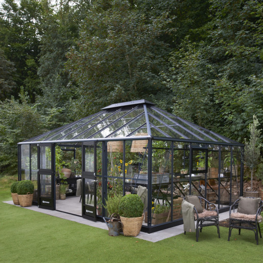 Serre de jardin Grand Oase 25,6m² en aluminium noir et verre trempé 3mm - Juliana