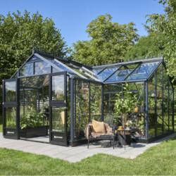 Serre de jardin Orangerie 21,5m² en aluminium noir et verre trempé 3mm - Juliana