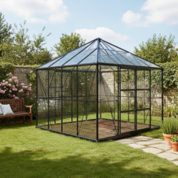 Serre de jardin Duchesse carrée 8,06m² en aluminium laqué noir et verre trempé 4mm - Green Protect