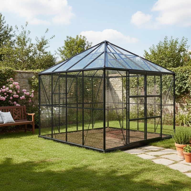 Serre de jardin Duchesse carrée 8,06m² en aluminium laqué noir et verre trempé 4mm - Green Protect