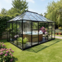 Serre de jardin Duchesse 12m² en aluminium laqué noir et verre trempé 4mm - Green Protect