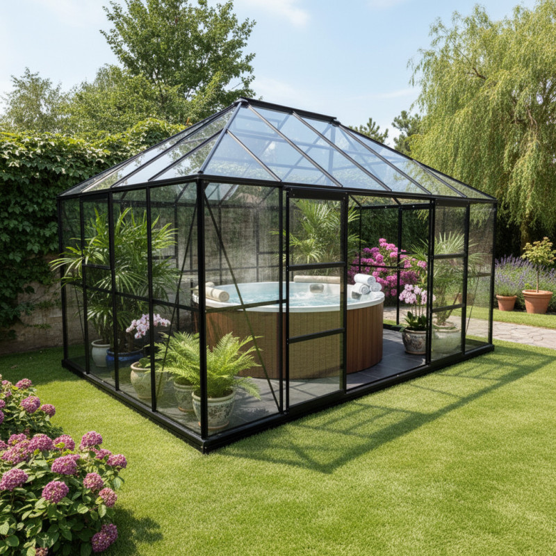 Serre de jardin Duchesse 12m² en aluminium laqué noir et verre trempé 4mm - Green Protect