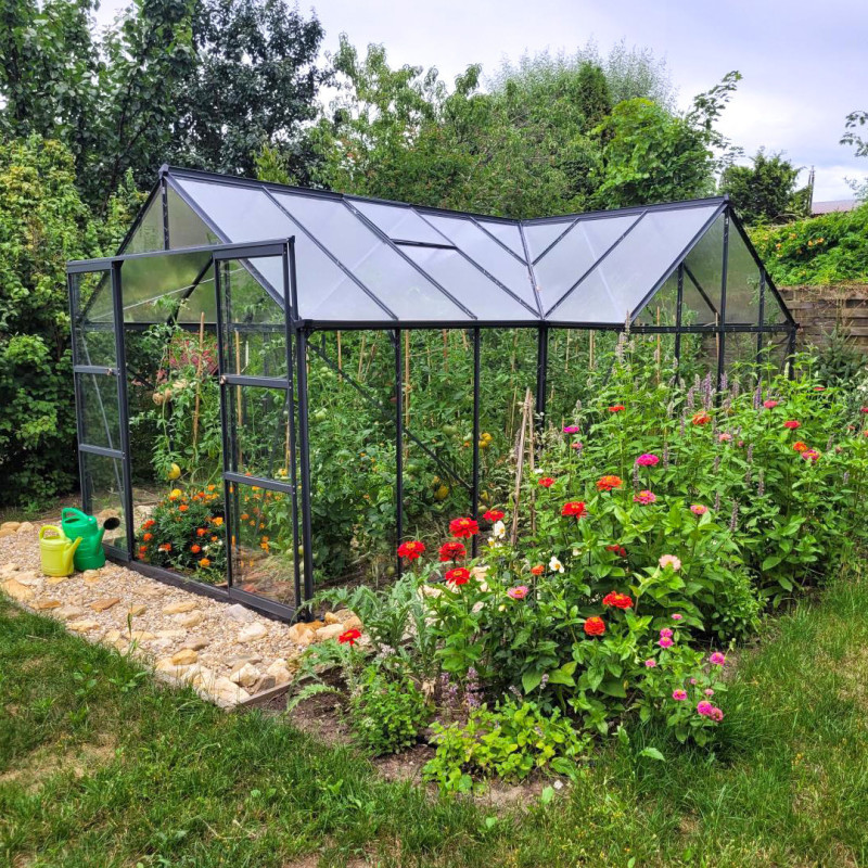 Serre de jardin Orangerie C 13,5m² anthracite en verre trempé 4mm + embase Green Protect
