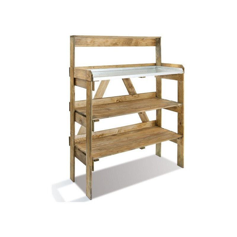 Table de préparation en bois avec étagères pour semis