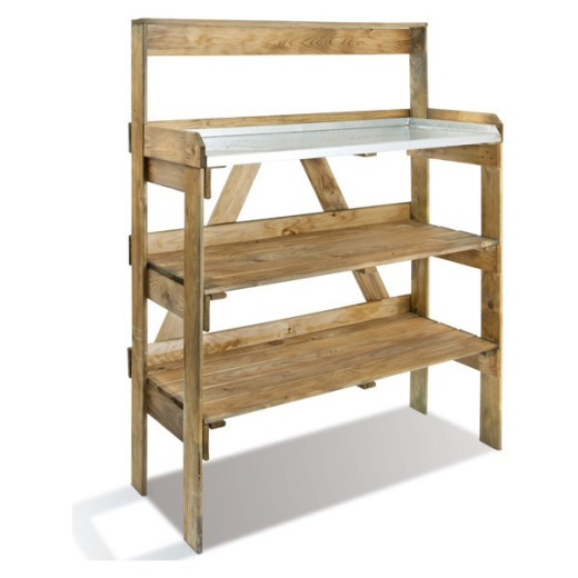Table de préparation en bois avec étagères pour semis