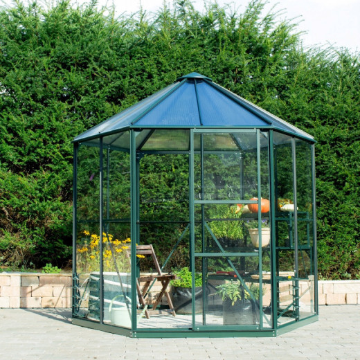 Serre de jardin hexagonale Hera 4,5m² en aluminium émeraude et vitrage combiné - Vitavia
