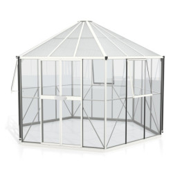 Serre de jardin hexagonale Hera 9m² en aluminium blanc et vitrage combiné - Vitavia