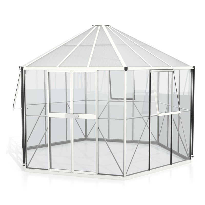 Serre de jardin hexagonale Hera 9m² en aluminium blanc et vitrage combiné - Vitavia