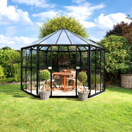 Serre de jardin hexagonale Hera 9m² en aluminium noir et vitrage combiné - Vitavia