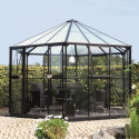Serre de jardin hexagonale Hera 9m² en aluminium noir et vitrage combiné - Vitavia